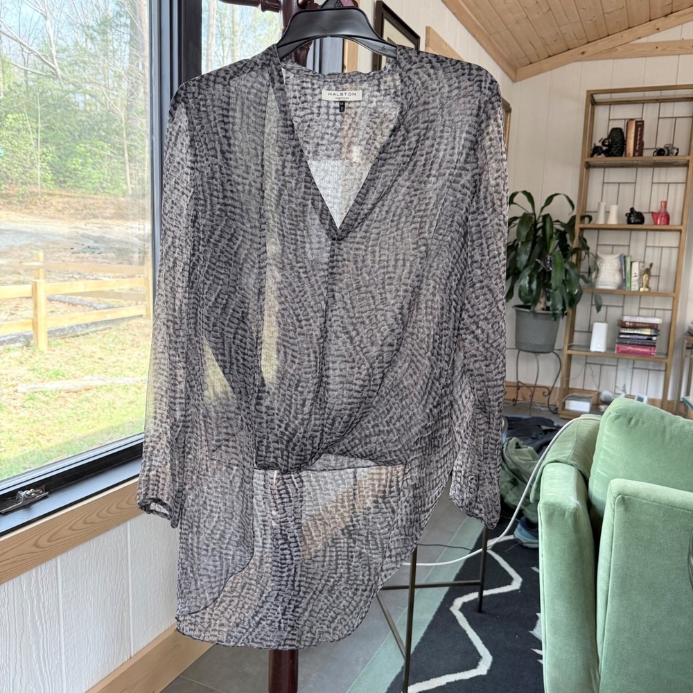 Halston Heritage Blouse Womens 12 Grey Sheer Draped Twist Front Animal Print Top